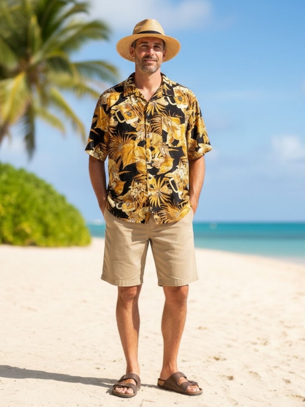 Panama Jack XL Black & Gold Tropical Floral Short-Sleeve Button-Down Shirt